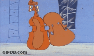 Cartoon Man Carrying Double Bass And Trombone GIF