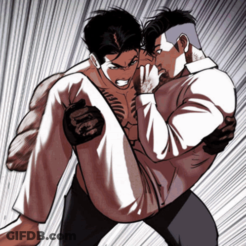 Cartoon Man Carrying Man With Chest Tattoo GIF