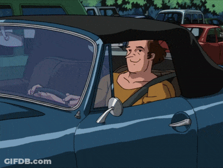 Cartoon Man Driving Blue Convertible GIF