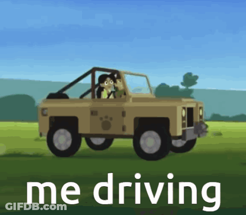 Cartoon Man Driving Jeep Saying Me Driving GIF