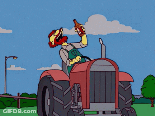 Cartoon Man Driving Tractor Holding Beer GIF