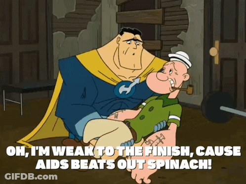 Cartoon Man Holding Another Man Saying Uh I'm Weak GIF