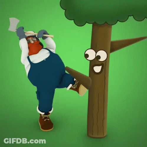 Cartoon Man Holding Axe Next To Tree GIF