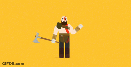 Cartoon Man Holding Axe With Victory Behind Him GIF
