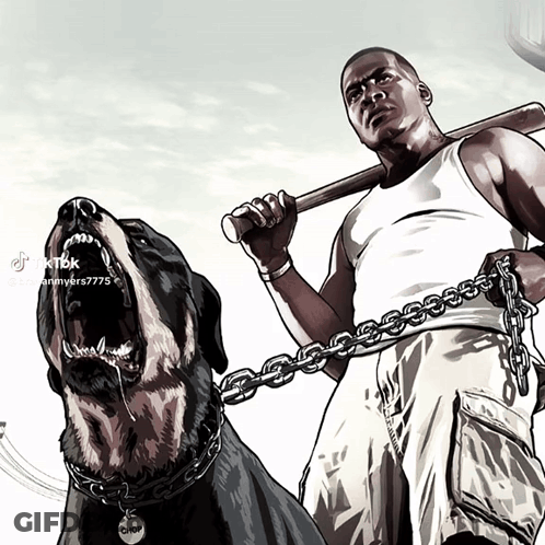 Cartoon Man Holding Bat And Dog On Leash Saying Chop GIF