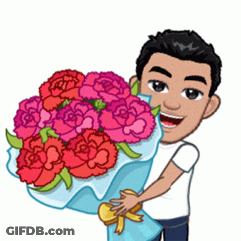 Cartoon Man Holding Bouquet Of Carnations GIF