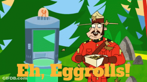 Cartoon Man Holding Box Saying Eh Eggrolls GIF