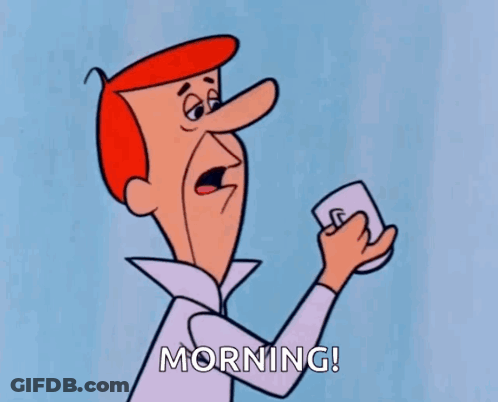 Cartoon Man Holding Coffee Saying Morning GIF