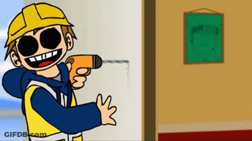 Cartoon Man Holding Drill In Front Of Picture GIF