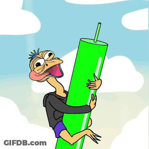 Cartoon Man Holding Green Cylinder With Straw GIF