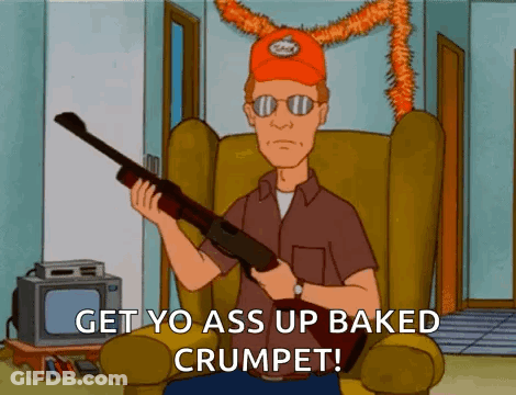 Cartoon Man Holding Gun Get Yo Ass Up Baked Crumpet GIF