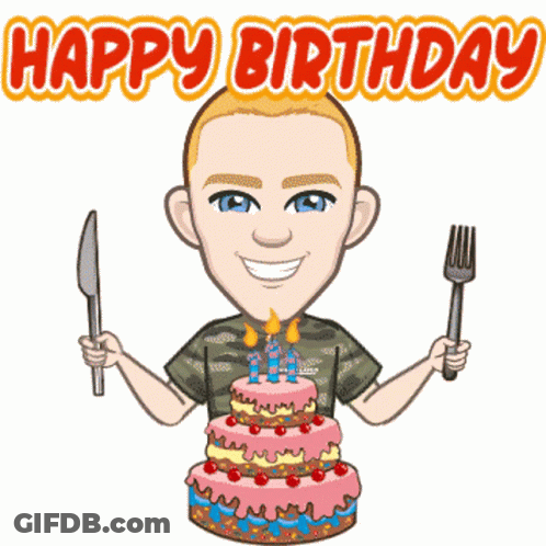 Cartoon Man Holding Knife And Fork With Birthday Cake GIF