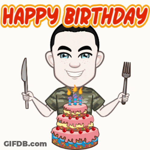 Cartoon Man Holding Knife Fork Near Birthday Cake GIF