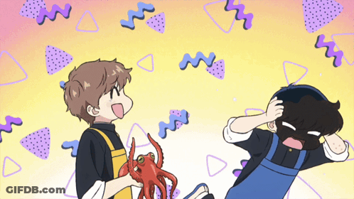 Cartoon Man Holding Octopus While Another Man Holds His Head GIF