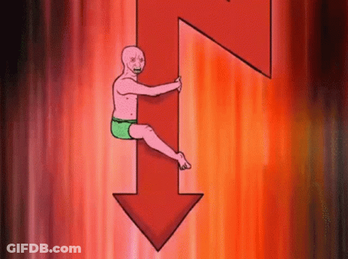 Cartoon Man Holding Red Arrow Pointing Down GIF