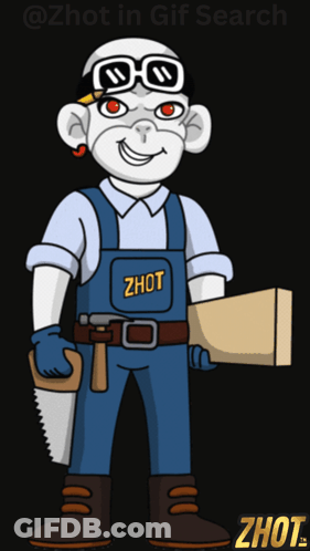 Cartoon Man Holding Saw And Box Saying Zhot GIF