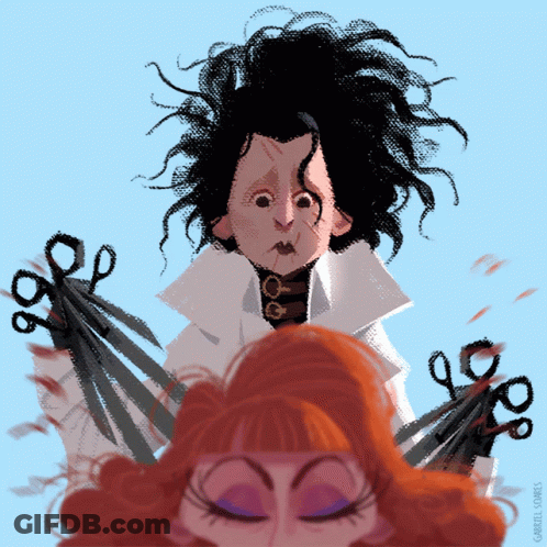 Cartoon Man Holding Scissors Over Woman's Head GIF