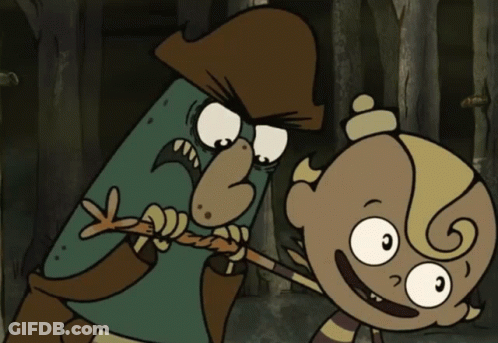Cartoon Man Holding Stick Next To Boy GIF