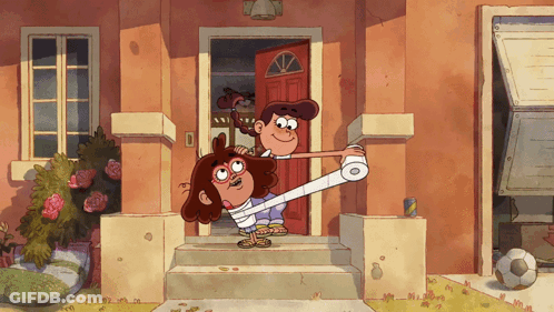 Cartoon Man Holding Toilet Paper Next To Girl GIF