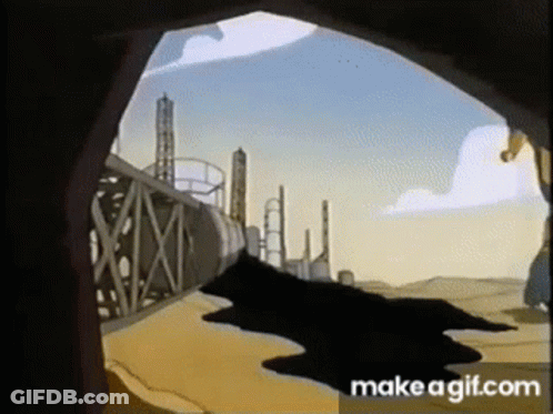 Cartoon Man In Cave Looking At Factory GIF