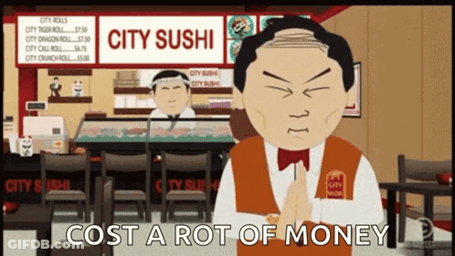 Cartoon Man In Front Of City Sushi Sign GIF