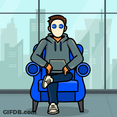 Cartoon Man In Mask Sitting In Blue Chair GIF