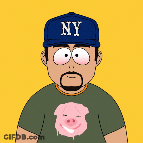 Cartoon Man In NY Hat And Pig T-Shirt GIF
