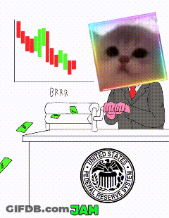 Cartoon Man In Suit With Cat On Head And US Federal Reserve Logo GIF