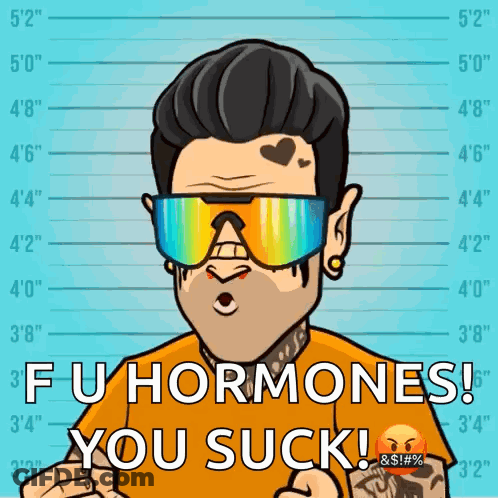 Cartoon Man In Sunglasses Saying Fu Hormones You Suck GIF