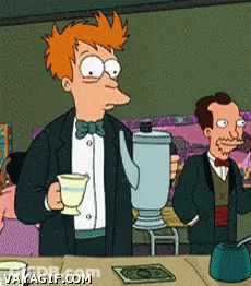 Cartoon Man In Tuxedo Holding Blender And Cup Of Coffee GIF