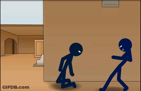 Cartoon Man Kneeling And Man Holding Gun GIF