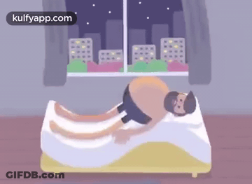 Cartoon Man Laying On Bed By Window With Buildings GIF