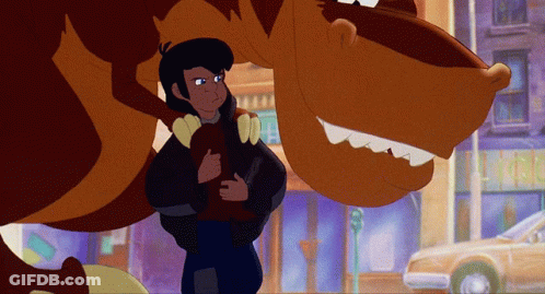 Cartoon Man Next To Brown Dinosaur GIF