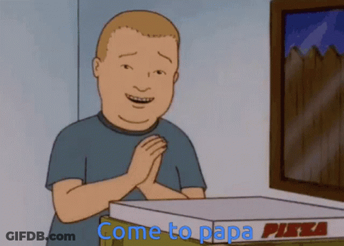 Cartoon Man Next To Pizza Saying Come To Papa GIF