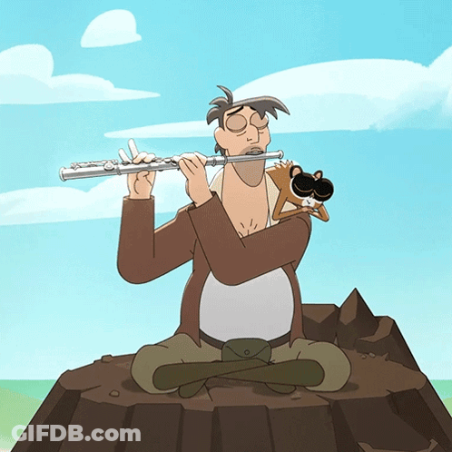 Cartoon Man Playing Flute With Mouse On Shoulder GIF