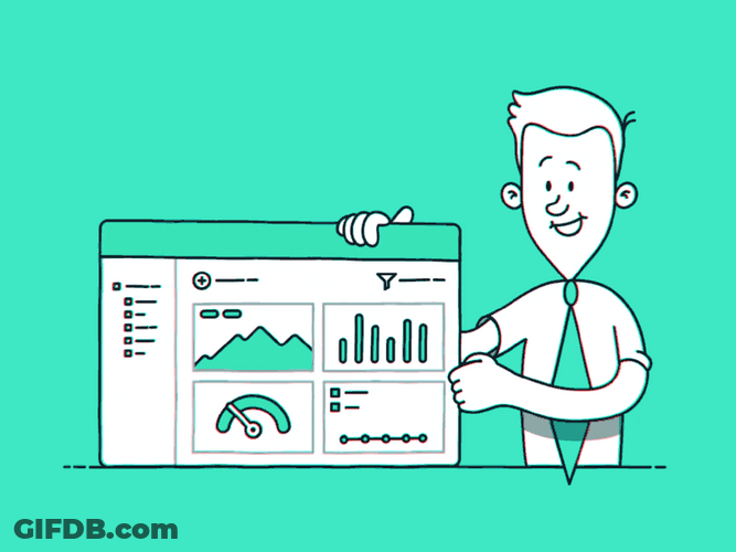 Cartoon Man Presenting Metrics Analysis GIF