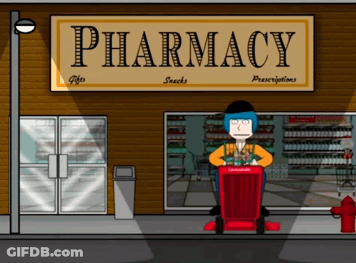 Cartoon Man Pushing Cart In Front Of Pharmacy GIF
