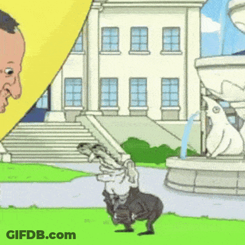 Cartoon Man Riding Donkey In Front Of Building GIF