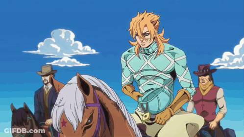 Cartoon Man Riding Horse With Two Men Standing Behind GIF