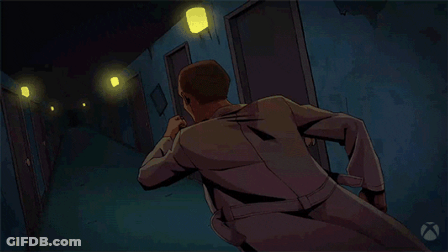 Cartoon Man Running On Endless Doors GIF