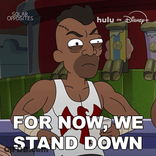 Cartoon Man Saying For Now We Stand Down GIF