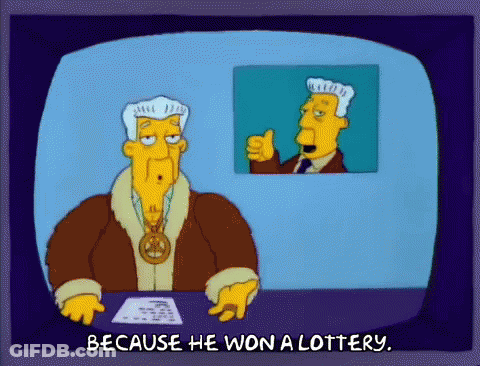 Cartoon Man Sitting At Desk Because He Won A Lottery GIF