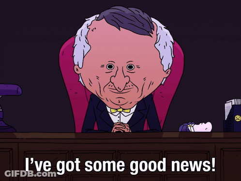 Cartoon Man Sitting At Desk With I've Got Some Good News GIF