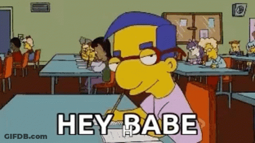 Cartoon Man Sitting At Table With Hey Babe GIF
