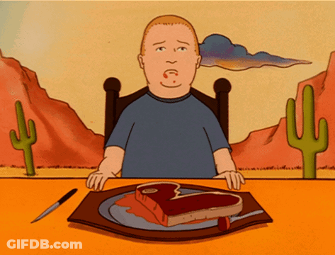 Cartoon Man Sitting At Table With Meat GIF