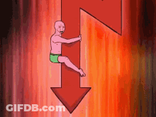 Cartoon Man Sitting On Arrow Pointing Down GIF