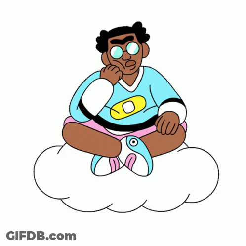 Cartoon Man Sitting On Cloud With Hand On Chin GIF