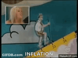 Cartoon Man Skiing With Inflation Above GIF