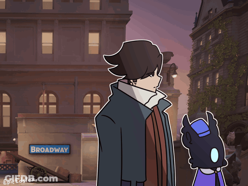 Cartoon Man Standing In Front Of Broadway Sign GIF