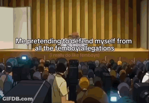 Cartoon Man Standing In Front Of Crowd Saying Me Pretending To Defend Myself GIF